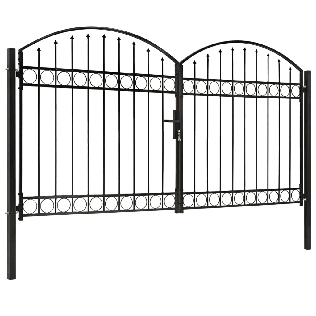 Hageport med dobbel dør og buet topp stål 300x175 cm svart