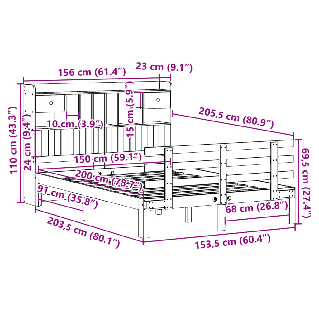 Seng med bokhylle uten madrass 150x200 cm heltre furu
