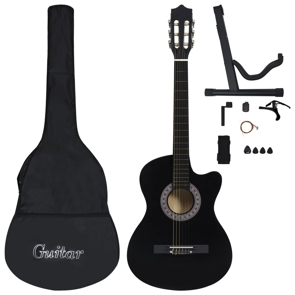 Western klassisk gitarsett 12 deler med 6 strenger svart 38"