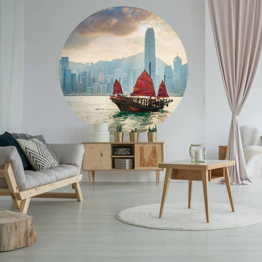 WallArt Tapetsirkel Skyline with Junk Boat 142,5 cm