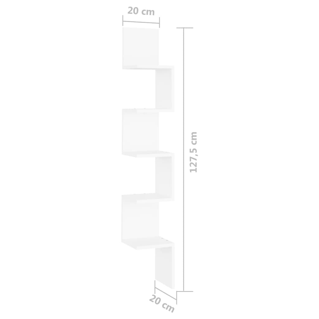 Veggmontert hjørnehylle hvit 20x20x127,5 cm konstruert tre