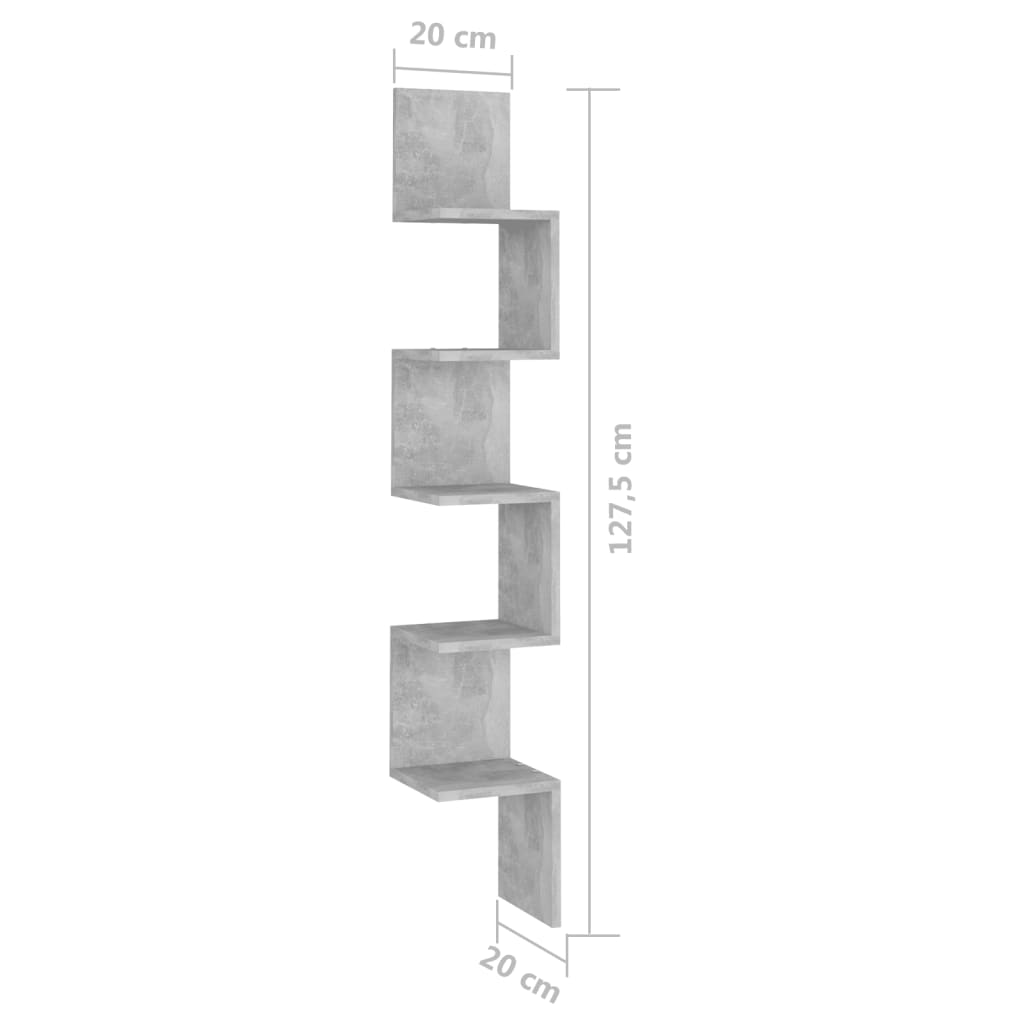 Veggmontert hjørnehylle betonggrå 20x20x127,5 cm konstruert tre