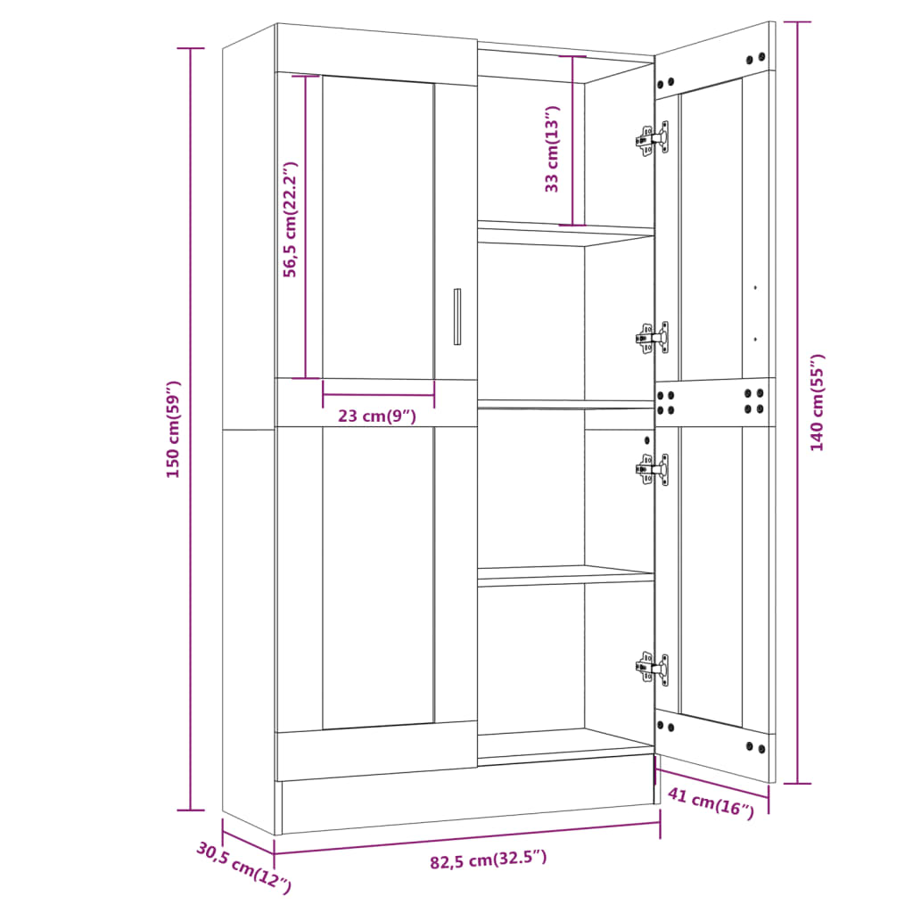 Vitrineskap røkt eik 82,5x30,5x150 cm konstruert tre