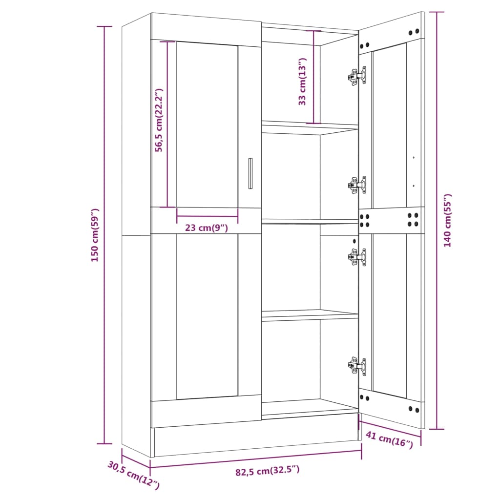 Vitrineskap grå sonoma 82,5x30,5x150 cm konstruert tre