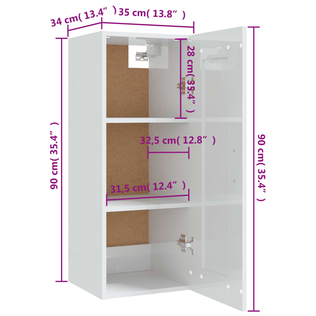 Veggskap høyglans hvit 35x34x90 cm konstruert tre