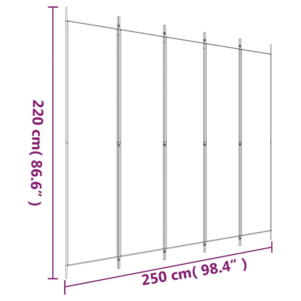 vidaXL Romdeler med 5 paneler hvit 250x220 cm stoff