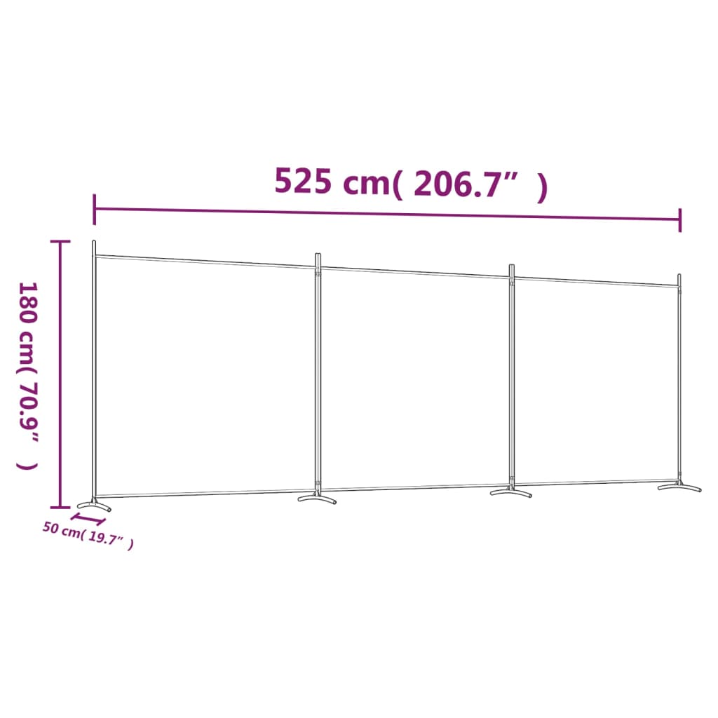 vidaXL Romdeler 3 paneler hvit 525x180 cm stoff