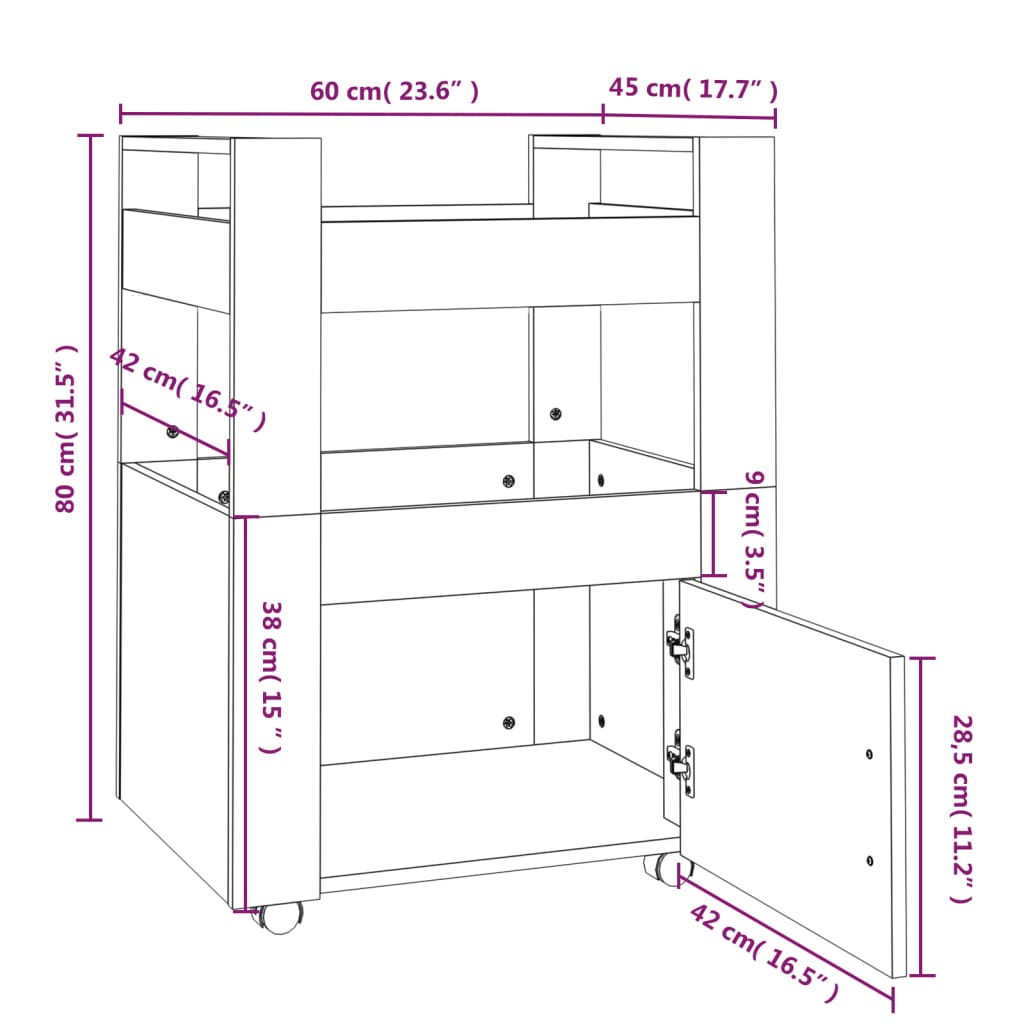 Kjøkkentralle svart 60x45x80 cm konstruert tre