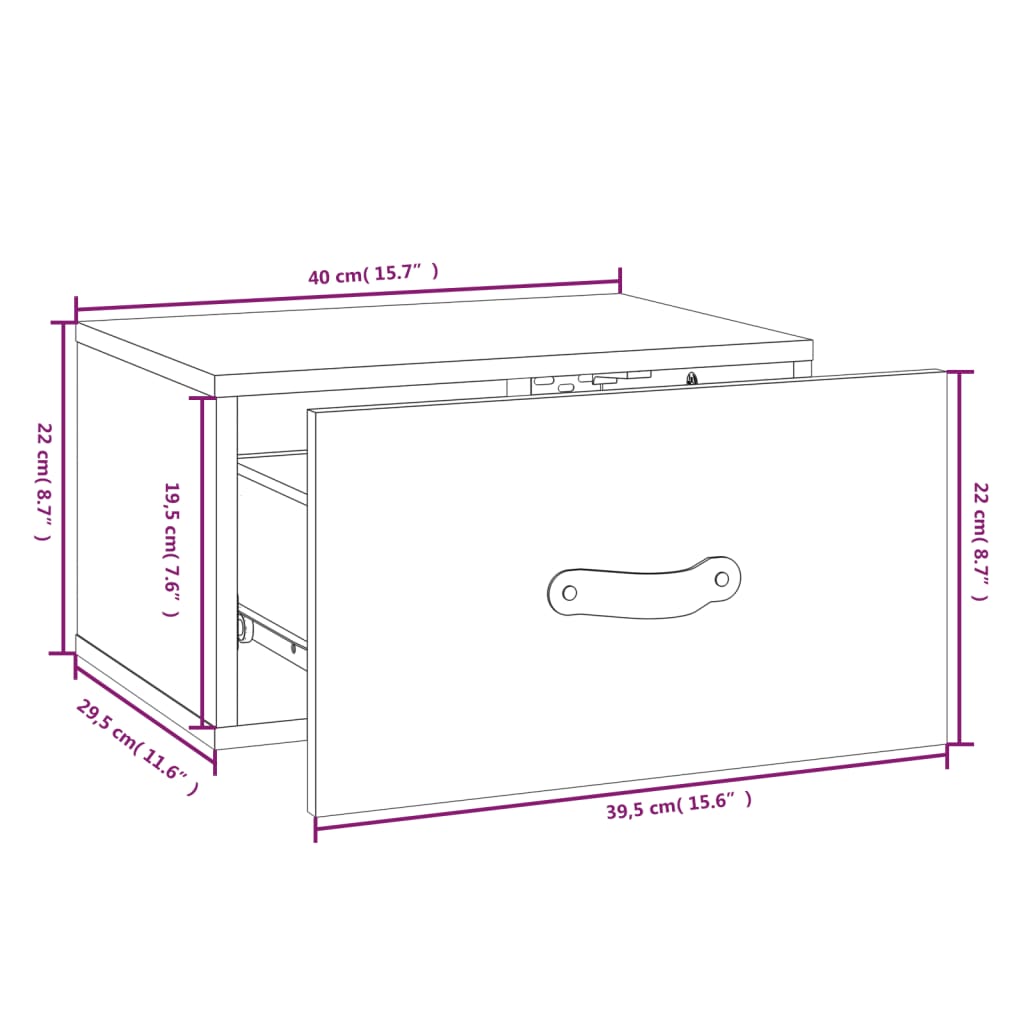 Veggmontert nattbord 40x29,5x22 cm