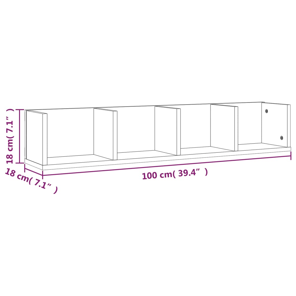 Veggmontert CD-hylle brun eik 100x18x18 cm konstruert tre