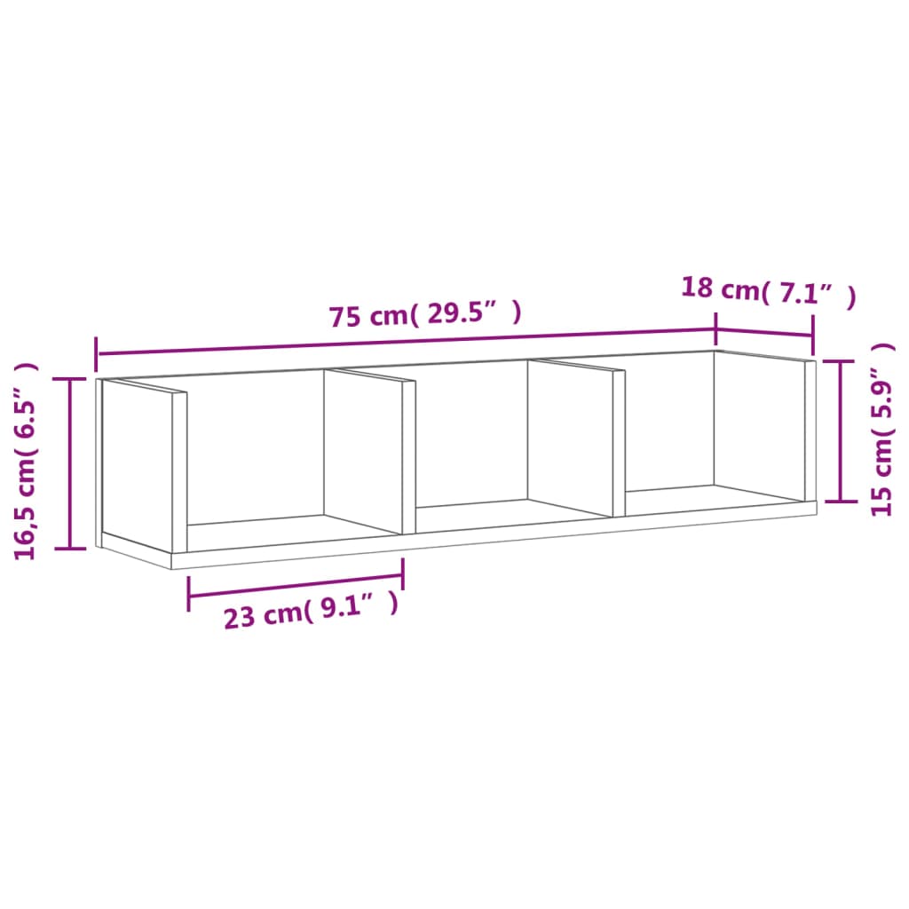 Veggskap 2 stk hvit 75x18x16,5 cm konstruert tre