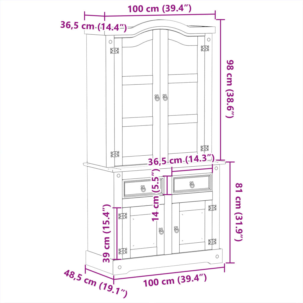 Vitrine Corona 100x48,5x179 cm heltre furu