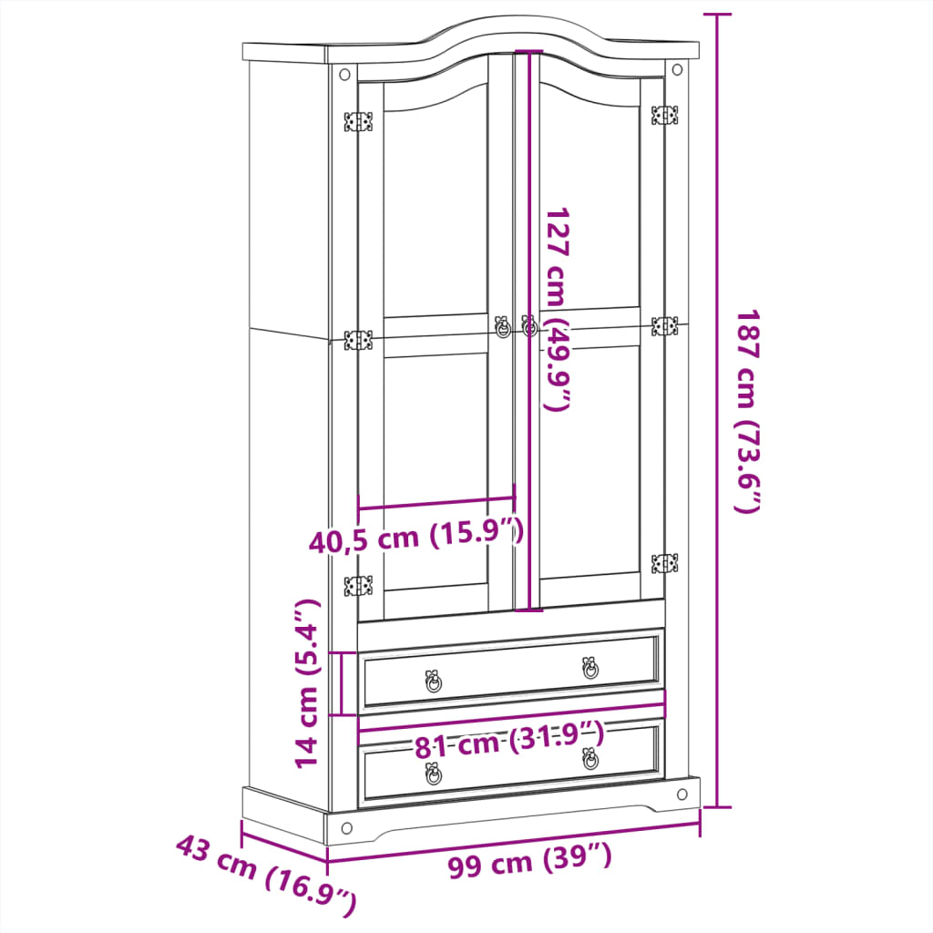 Vitrine Corona 99x43x187 cm heltre furu