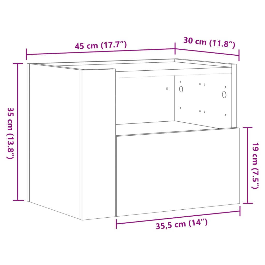 Veggmontert nattbord svart 45x30x35 cm