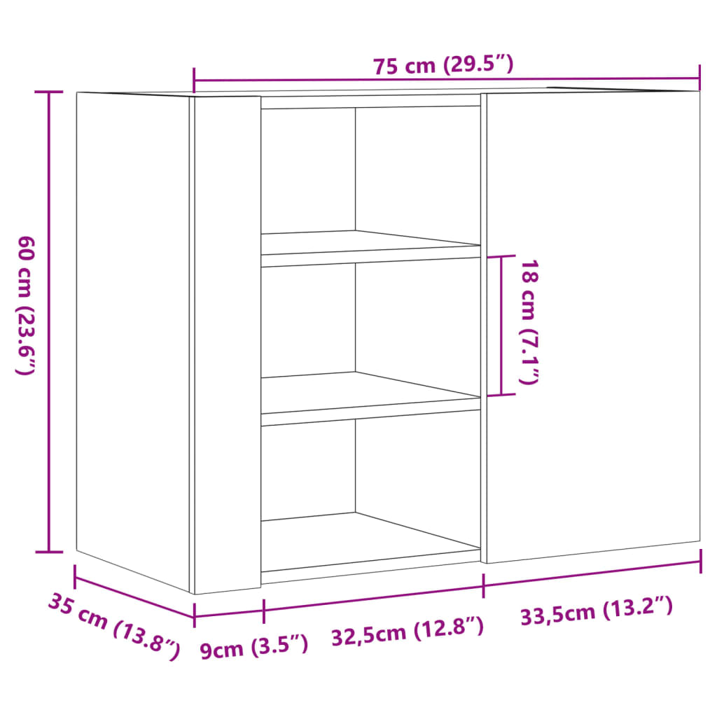 Veggskap brun eik 75x35x60 cm konstruert tre