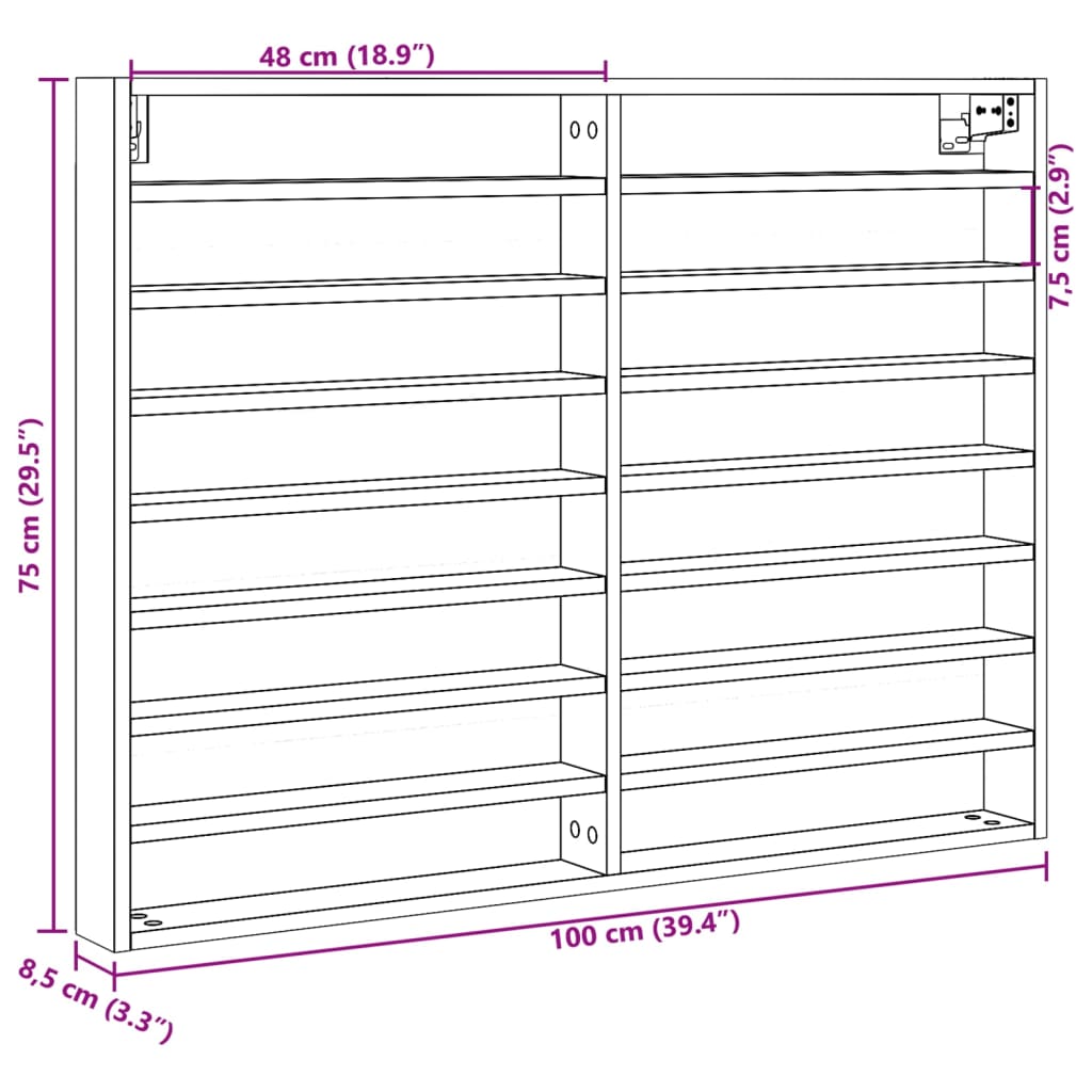 Vitrineskap hvit 100x8,5x75 cm konstruert tre