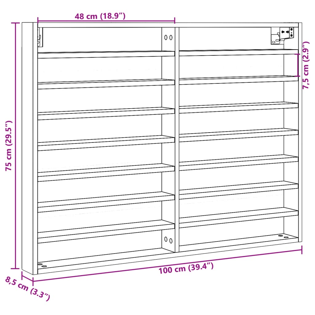 Vitrineskap betonggrå 100x8,5x75 cm konstruert tre