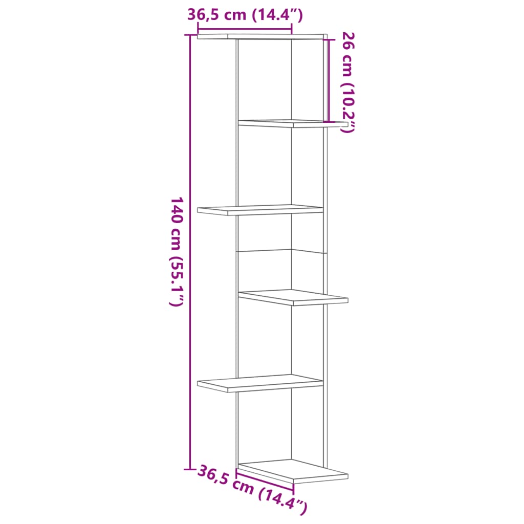 Veggmontert hjørnehylle svart 36,5x36,5x140 cm konstruert tre