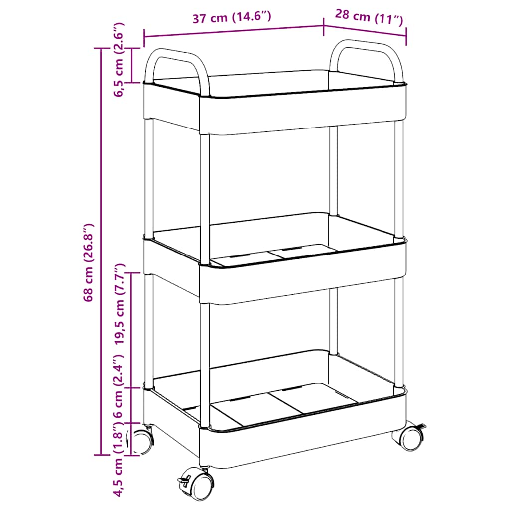 Oppbevaringsvogn 3-lags gjennomsiktig 37x28x68 cm akryl